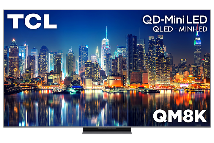 TCL QM8K QD-Mini LED Google TV with city image on screen