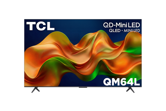 TCL QM64L QD-Mini LED QLED 4K TV displaying an abstract wave pattern