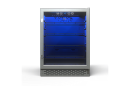 TCL TRV161BAS 161-can beverage cooler front view showing the empty black cabinet with closed glass door, blue interior lighting, metal wire shelves and the TCL logo on the glass door