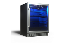 TCL TRV161BAS 161-can beverage cooler open left perspective view showing the empty black cabinet with blue interior lighting, metal wire shelves and the TCL logo on the glass door