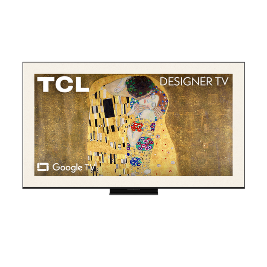 TCL A400U Designer Series QD-Mini LED 4K Google TV showing Gustav Klimt's The Kiss on a white frame