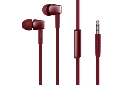 TCL MTRO100RD Burgundy Crush wired in-ear headphones with microphone shown with the earbuds, inline control module, and 3.5mm audio plug on the cable