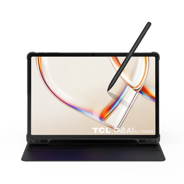TCL TAB A1 NXTPAPER tablet — with an attached black protective case and a black stylus resting diagonally across the screen, shown on a clean white background.